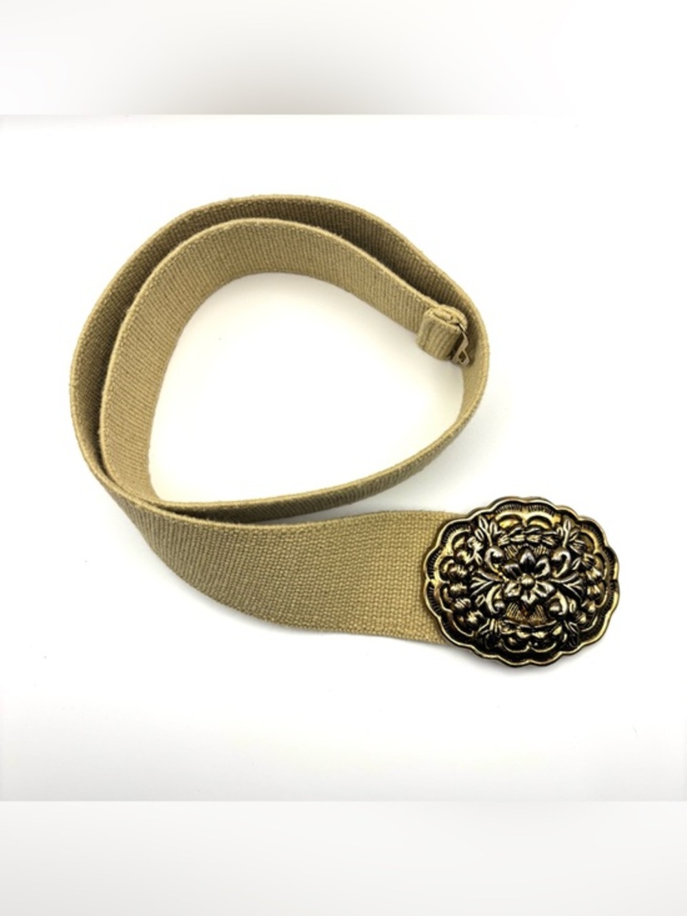 Vintage Motion East Khaki Elastic Cinch Stretchy 32" Belt Gold Floral Buckle